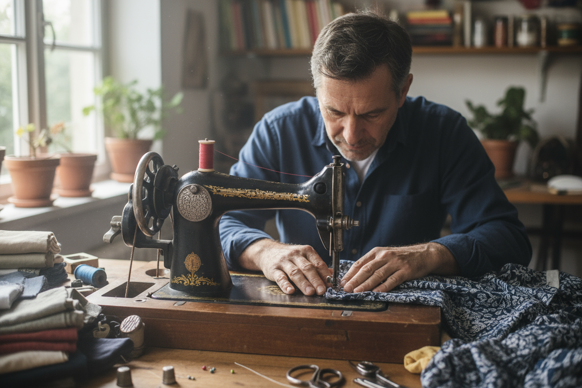 un homme qui coud à la machine . image horizontale